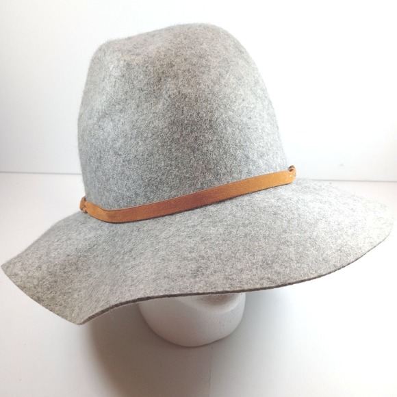 Accessories - Womens Gray Wool Wide Brim Floppy Hat One Size Felt Boho Braided Band Tassel